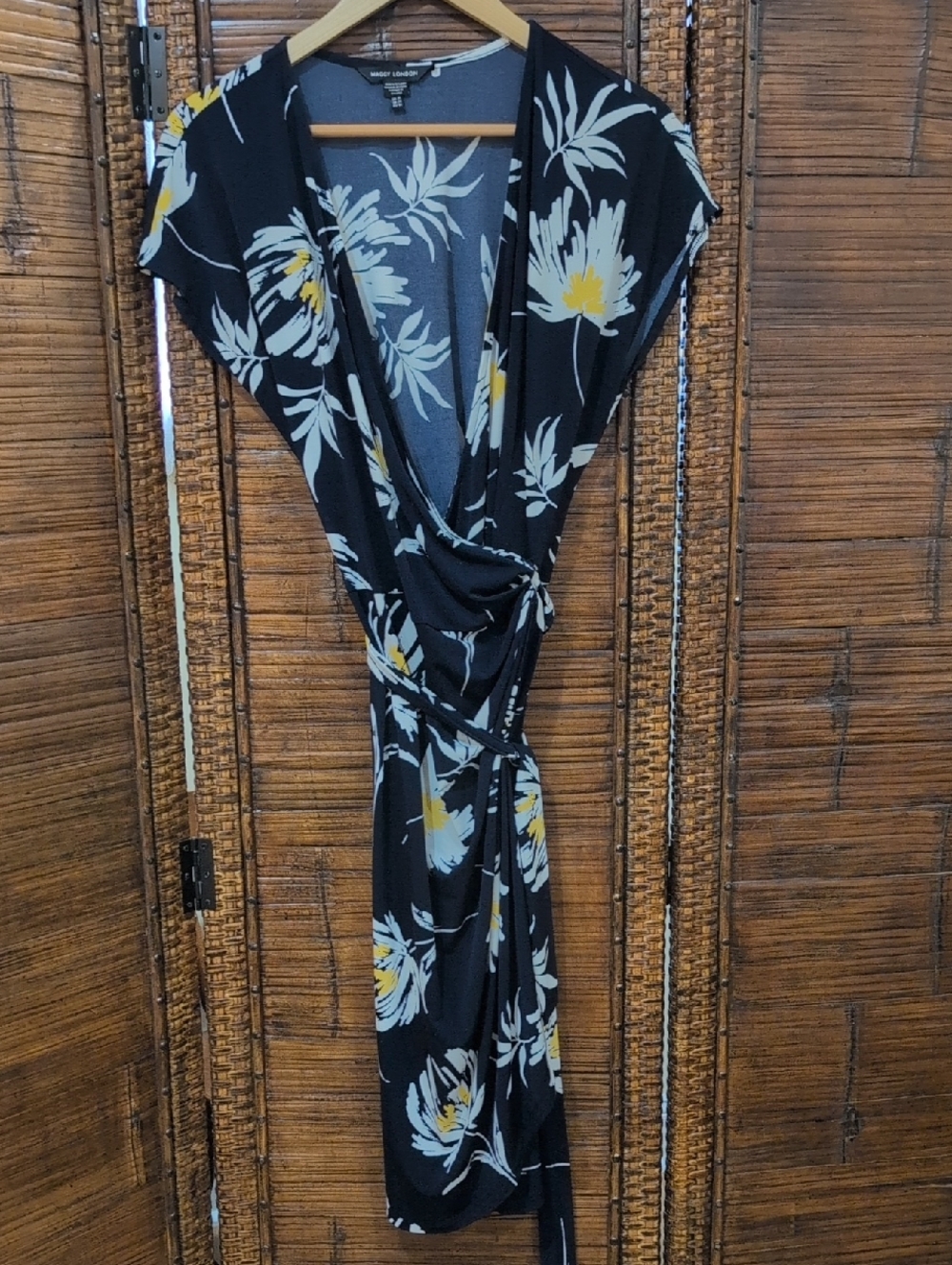 Maggy London Navy Blue Floral Midi Dress with Yellow Accents